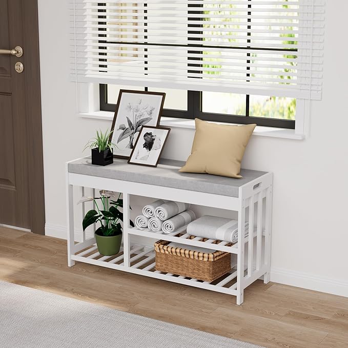 3-Tier Bamboo Shoe Rack Bench, Shoe Storage Organizer Bench, Entryway Benchs - Image 5