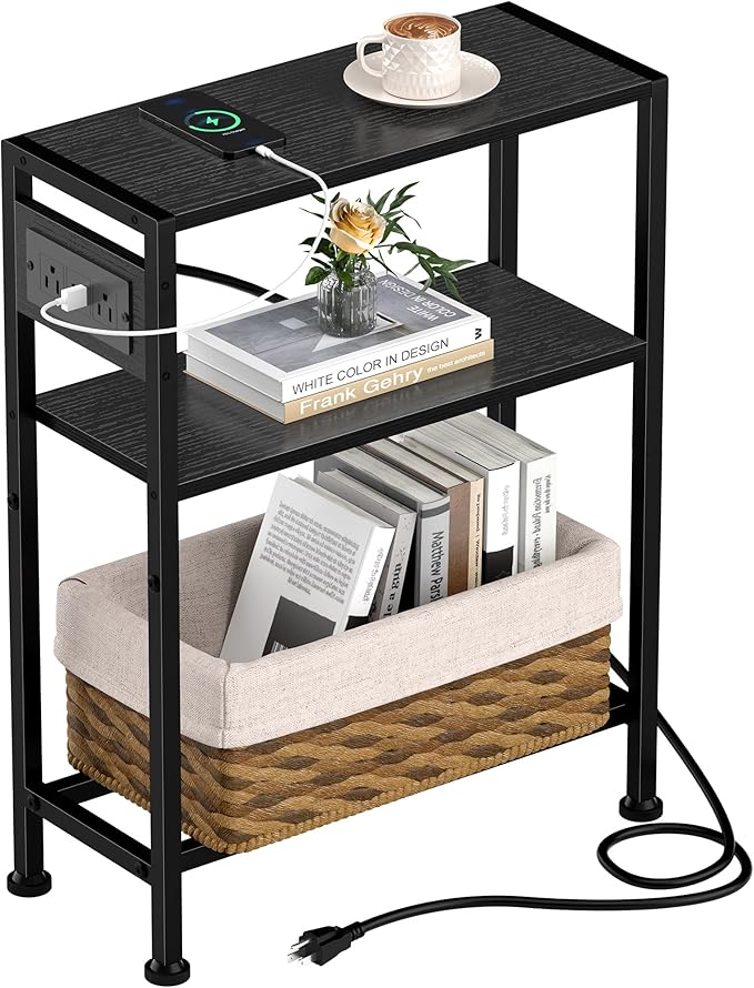 Small Narrow Side Table with Charging Station, Skinny End Table by HOME