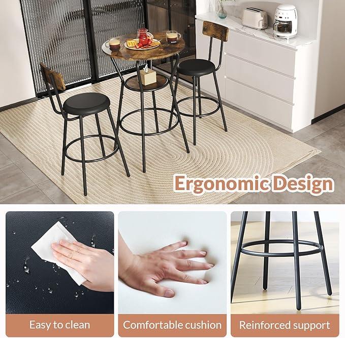 3-Piece Round Bar Table and Chair Set, Small Dining Table - Image 4