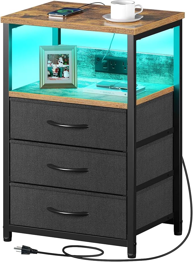 Seventable Nightstand with Charging Station and LED Light, Bedside End Table by Seventable