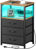 Seventable Nightstand with Charging Station and LED Light, Side Table with 3 by Seventable