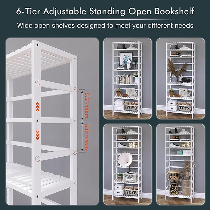HITNET Bookshelf, 6-Tier Tall Bookcase Freestanding Bamboo Book Shelf Bathroom - Image 7