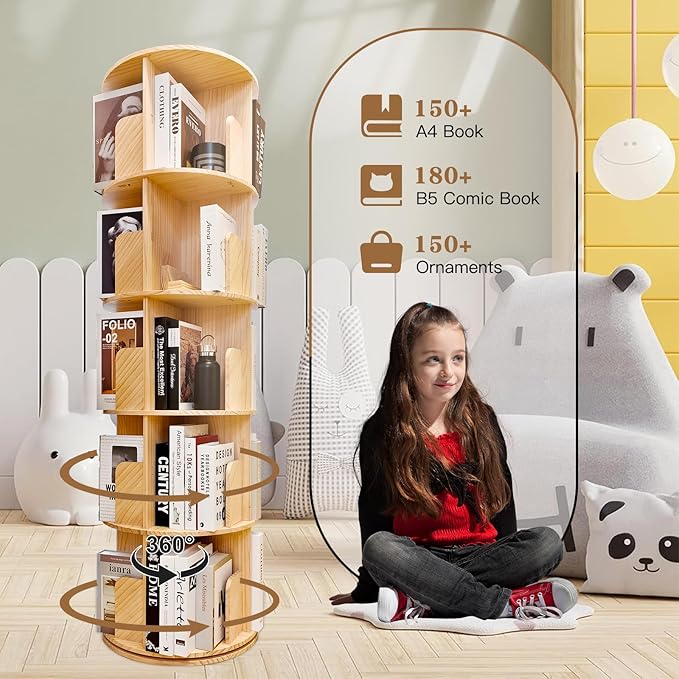 Rotating Bookshelf, 360 Display Round 5 Tier Floor Standing Bookcase Storage - Image 2