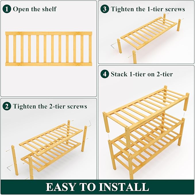 Smiry Shoe Rack, 3 Tier Bamboo Shoe Organizer, Stackable Free Standing Wooden - Image 6