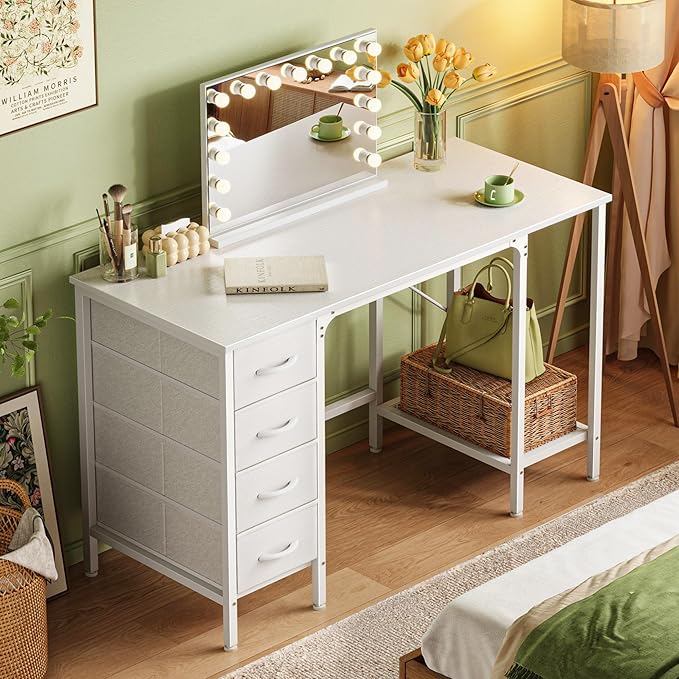 Huuger 47 Inch White Desk with 4 Drawers, Vanity Desk with Mesh Shelf, Study - Image 2