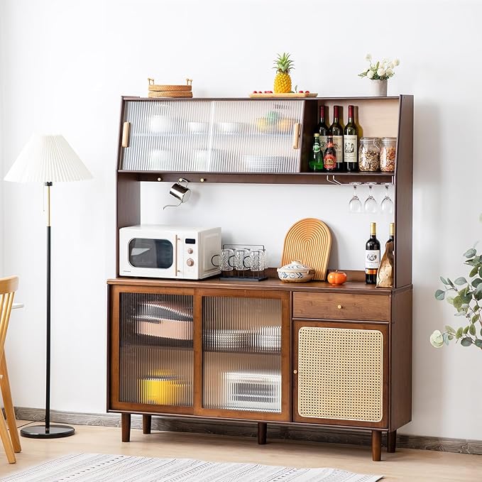 Tiita Kitchen Hutch with Countertop, 69” Rattan Solid Wood Pantry Cabinet with - Image 6