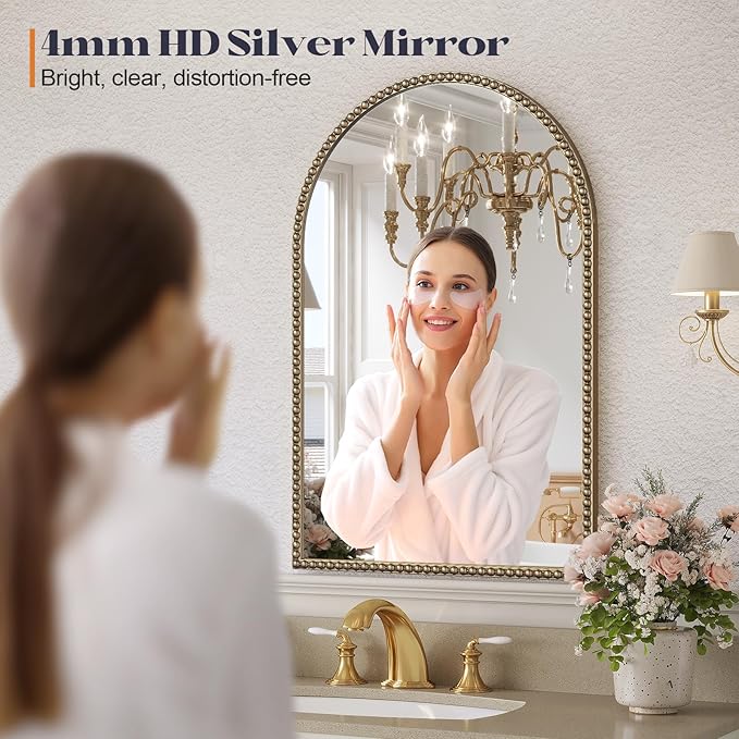 Beaded Arched Mirror for Wall, Retro Brass Metal Frame Decorative Mirror for - Image 2