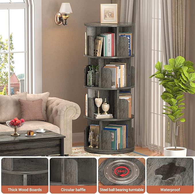 Rotating Bookshelf, Wood Corner Bookshelf, 360 Display Spinning Bookcase - Image 4