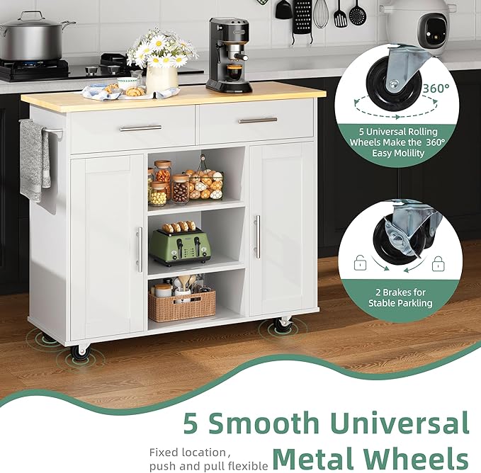 Shintenchi Kitchen Island with Storage, Kitchen Island Cart on Wheels with 3 - Image 4