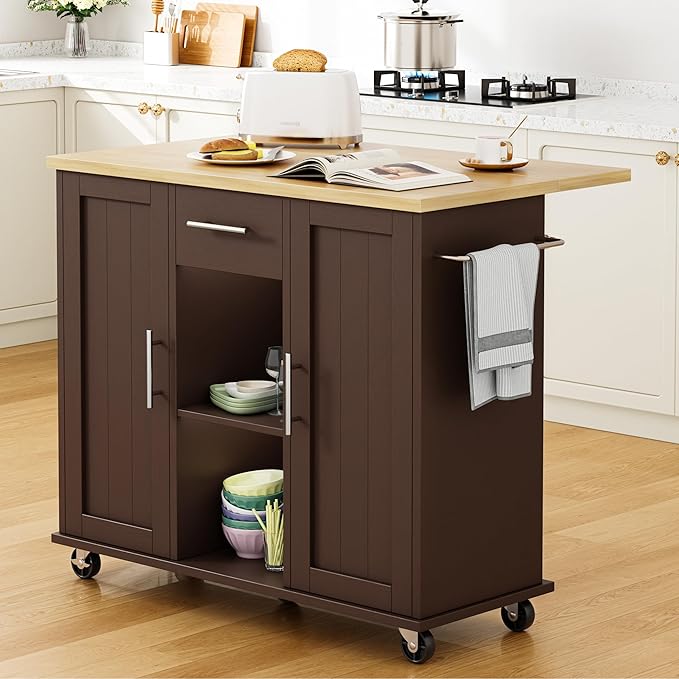Shintenchi Kitchen Island with Storage, Bar Cart Cabinet Island Table on Wheels by Shintenchi
