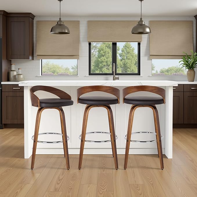 Armen Living Sonia 26" Counter Height Swivel Brown Faux Leather and Walnut Wood by ArmenLiving