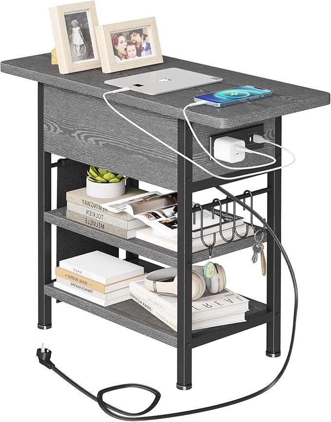 End Table with Charging Station, Flip Top Nightstand with USB Ports and Outlets by Homeiju