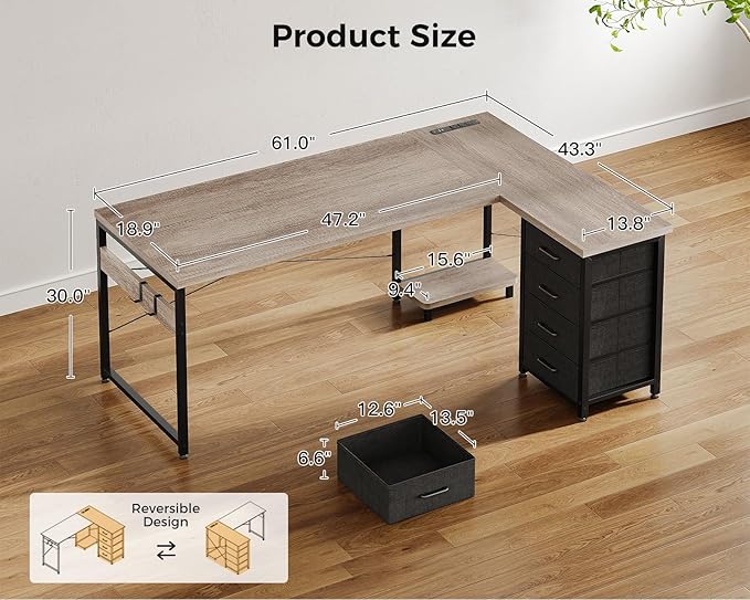 AODK L Shaped Desk with 4 Tier Drawers, L Shaped Computer Desk with USB - Image 3