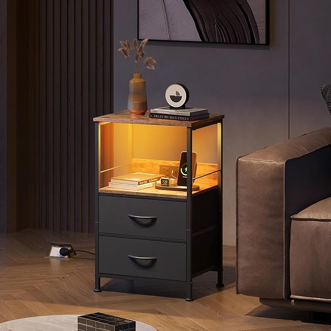 WLIVE Nightstand with Charging Station, LED Night Stand with 2 Fabric Drawers - Image 7