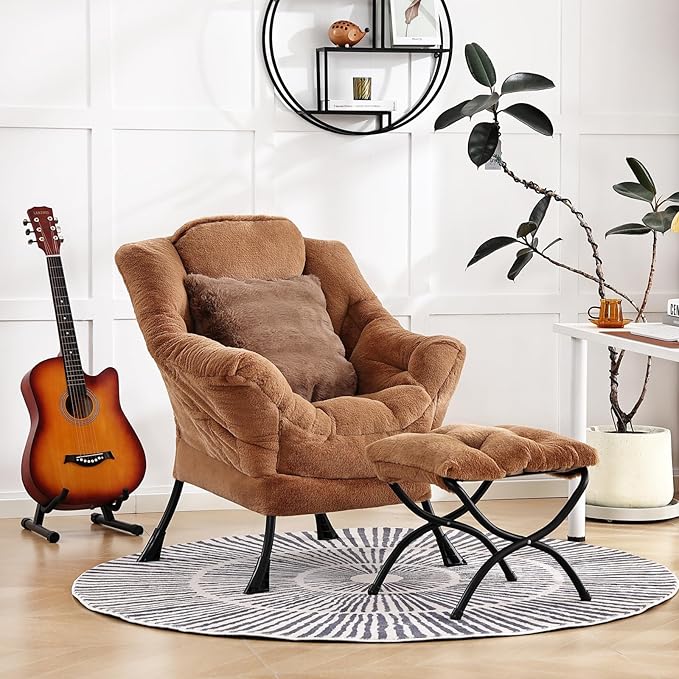 Lazy Chair with Ottoman, Comfy Reading Chair with Footstool & Throw Pillow - Image 2