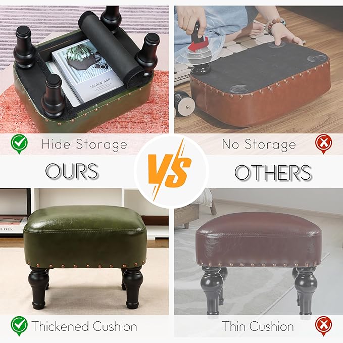 Ottoman Leather Foot Rest with Thicker Foam Padded Seat, Footstool with Wooden - Image 2