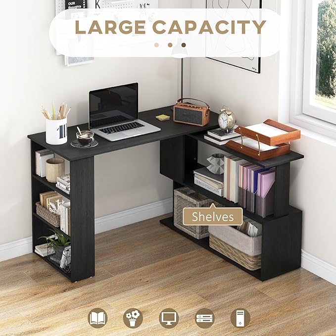 HOMCOM L Shaped Desk, Corner Computer Desk, 360 Degree Rotating Home Office Desk - Image 4