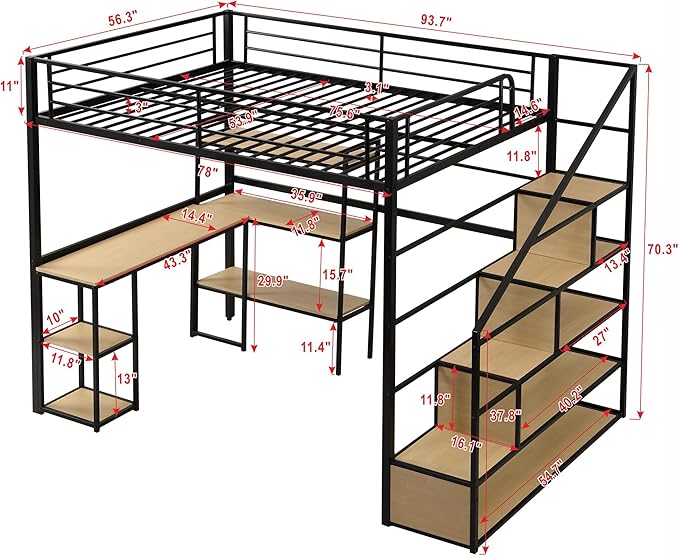 Full Size Metal Loft Bed with Staircase, Full-Length Guardrails, a Built-in - Image 2