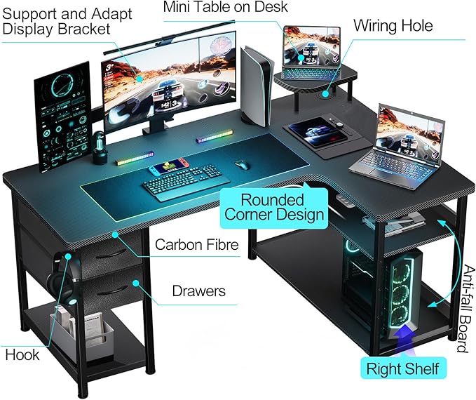 GTRACING Gaming Desk with Drawers, Carbon Fiber Style L Shaped Computer Desk - Image 3
