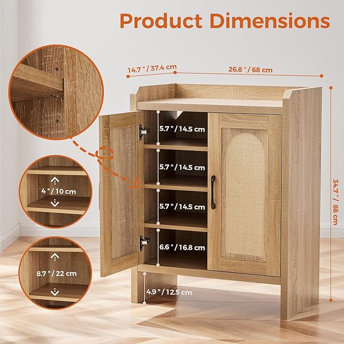 Shoe Cabinet Storage for Entryway, Natural Rattan Shoe Storage Cabinet - Image 2
