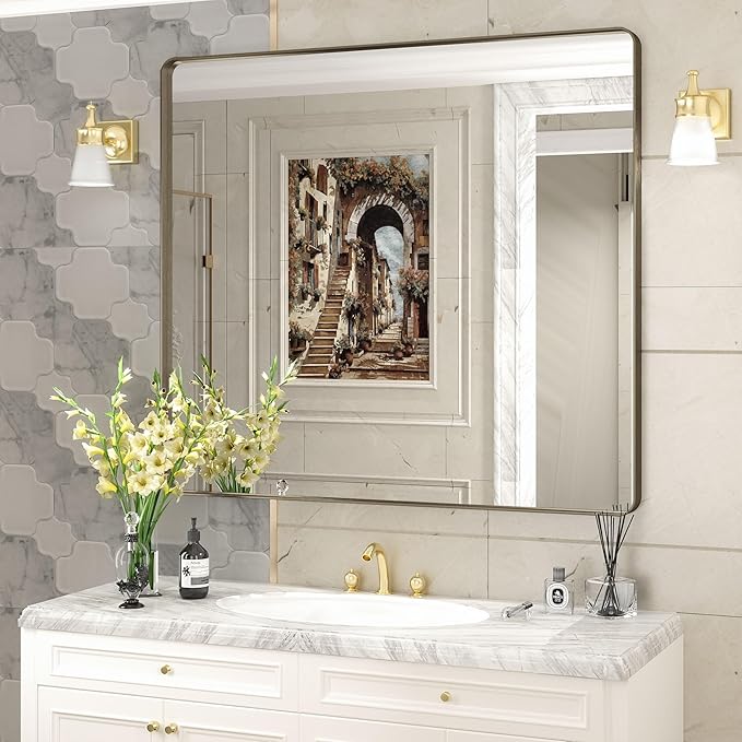 40x36 Bronze Bathroom Mirror, Brushed Metal Bathroom Vanity Mirrors by CHARMOR