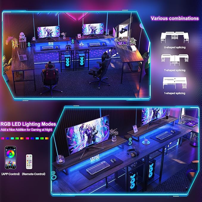 L Shaped Computer Desk with Magic Power Outlets and Smart LED Light, Reversible - Image 4