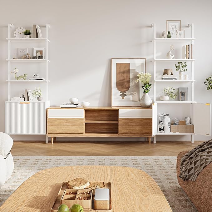 74" Tall Bookshelf with Storage Cabinet, Modern Ladder Shelf with Wood and - Image 7