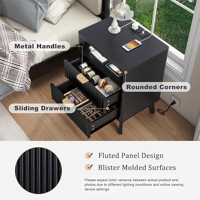 Fluted Nightstand with Charging Station, 19.7 inch Wide End Table with 2 Drawers - Image 4