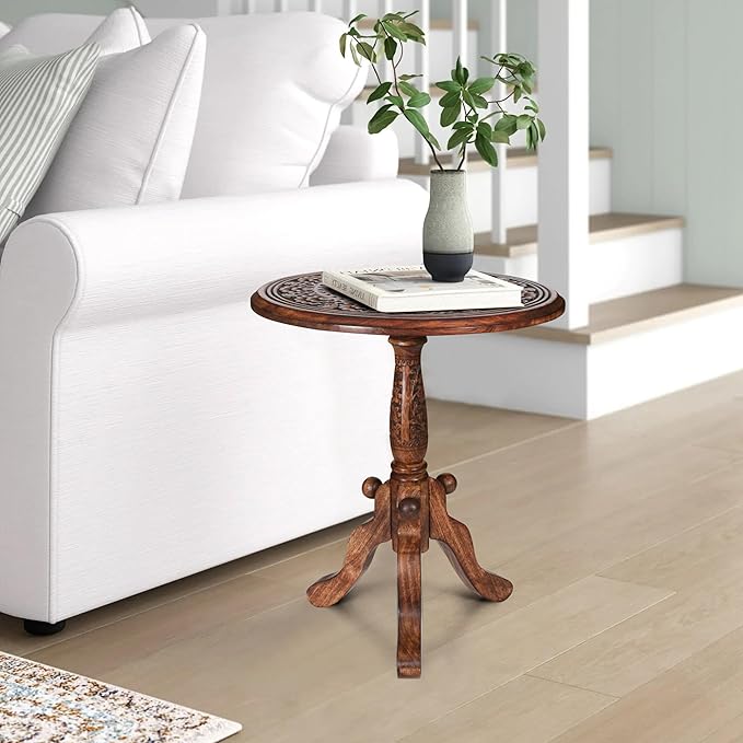 The Wooden Town Handcrafted Carved Round Side Table – 18x21 Inch Coffee Table - Image 8