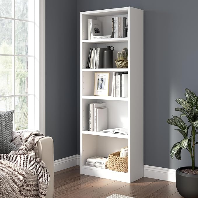 Bush Furniture Universal 25W Tall 5 Shelf Bookcase in White, Vertical Storage - Image 2
