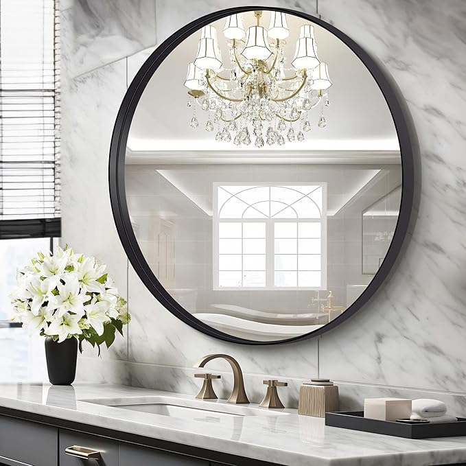 Black Round Mirror 39 inch Deep Frame Circle Mirror, Metal Frame Round Bathroom - Image 2