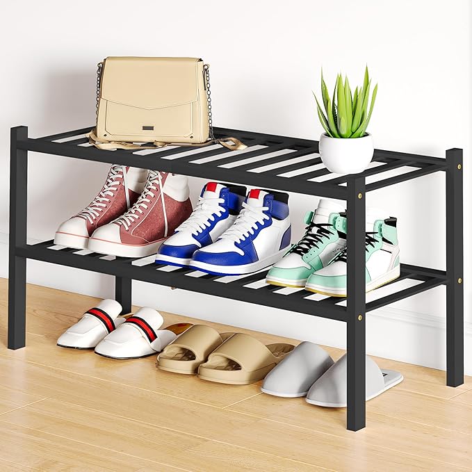 Smiry Shoe Rack, 2 Tier Bamboo Shoe Organizer, Stackable Free Standing Wooden by Smiry