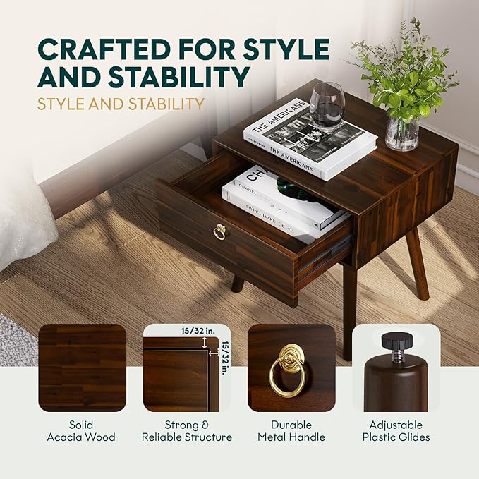 Bme Alden Wood Nightstand, Solid Wood End Table, Mid Century Modern Nightstand - Image 4