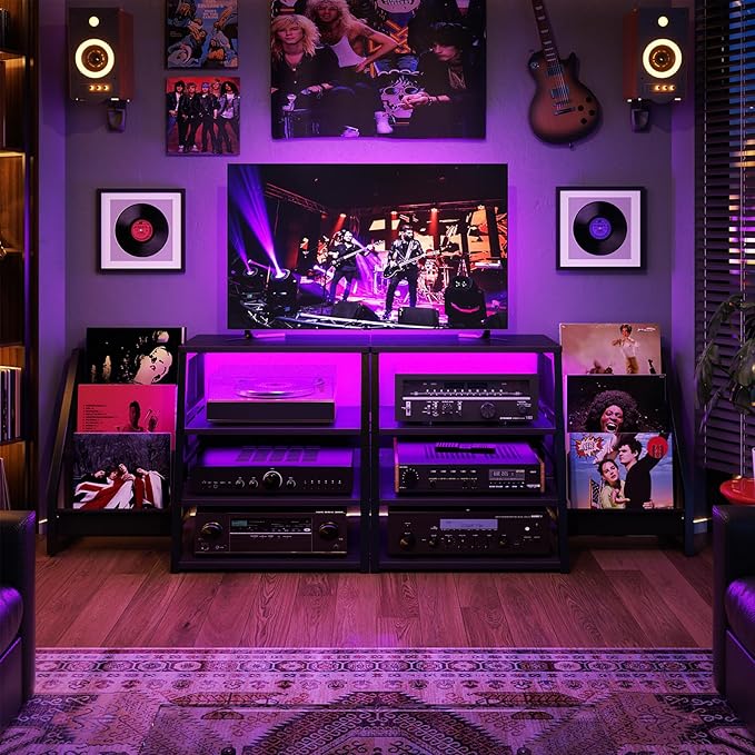 AV Media Stand with Outlets, Stereo Stands and Racks with Vinyl Storage - Image 9