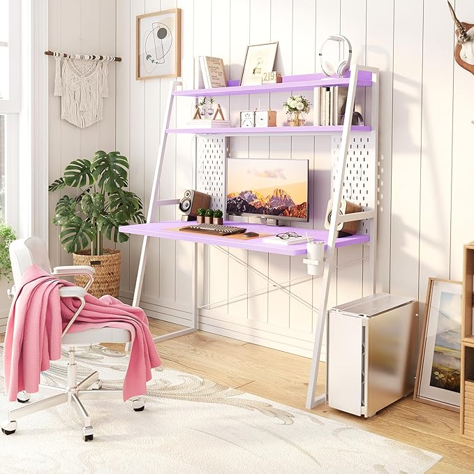 Gaming Desk with Hutch and LED Lights, Gaming Computer Desk with Power Outlets - Image 2