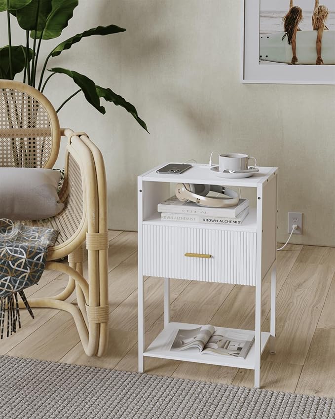 White Nightstand with Charging Station, Fluted Side Table with Drawer, Modern - Image 6