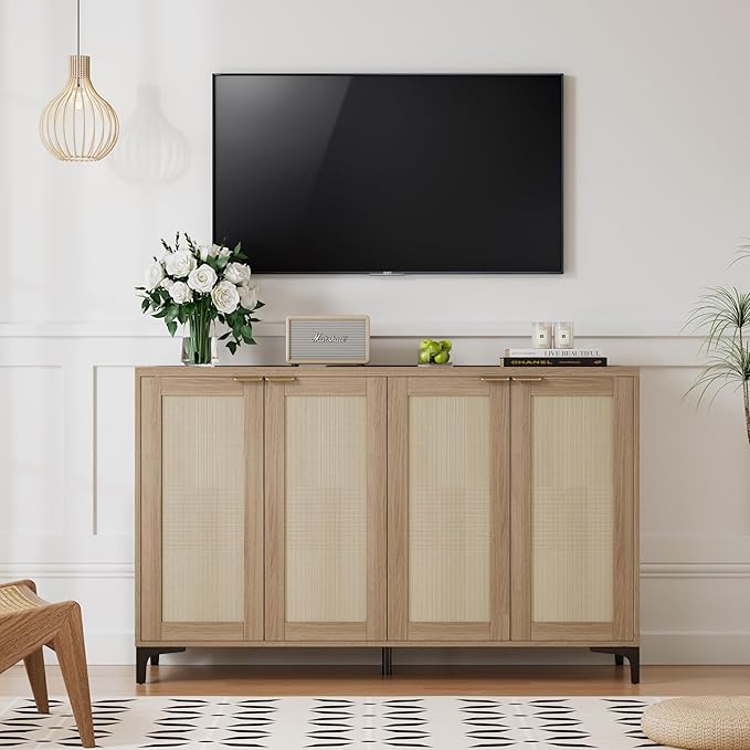 Sideboard Buffet Cabinet with Storage, 4 Doors Rattan Kitchen Cabinet with - Image 4