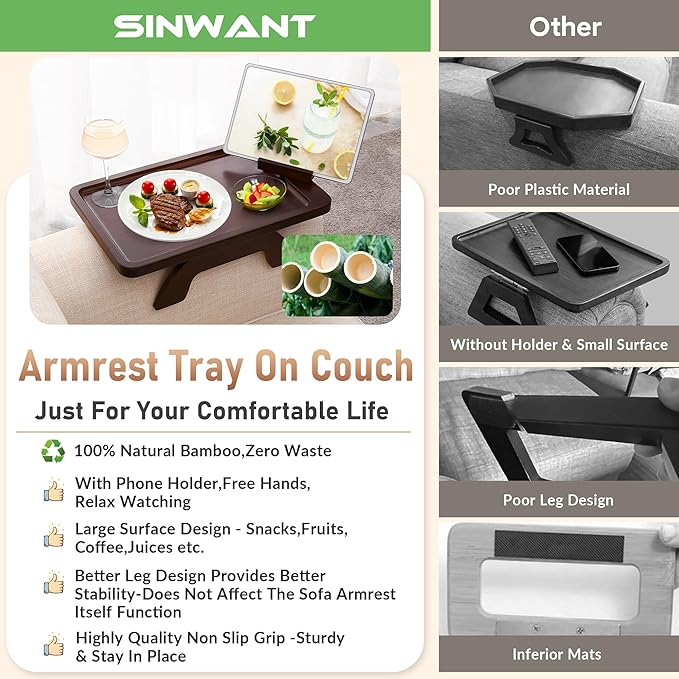 SINWANT Couch Armrest Table, Large Bamboo Couch Arm Table 360° Phone Holder - Image 4