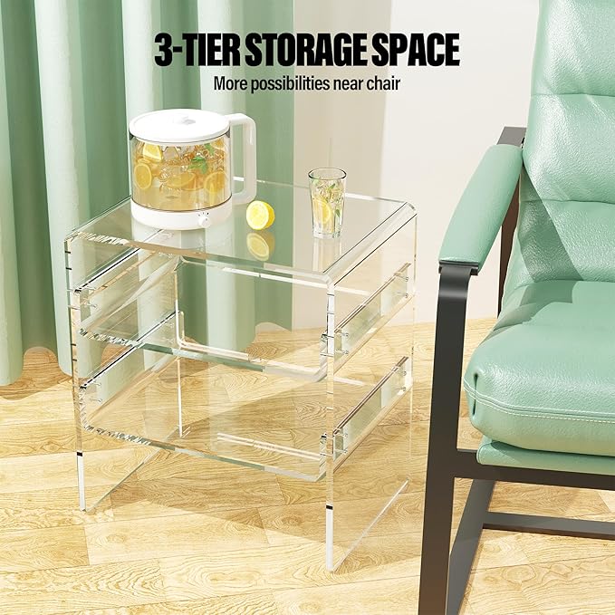 Acrylic 2-Tier Side Table with Storage Mini Modern End Table/Nightstand with - Image 4