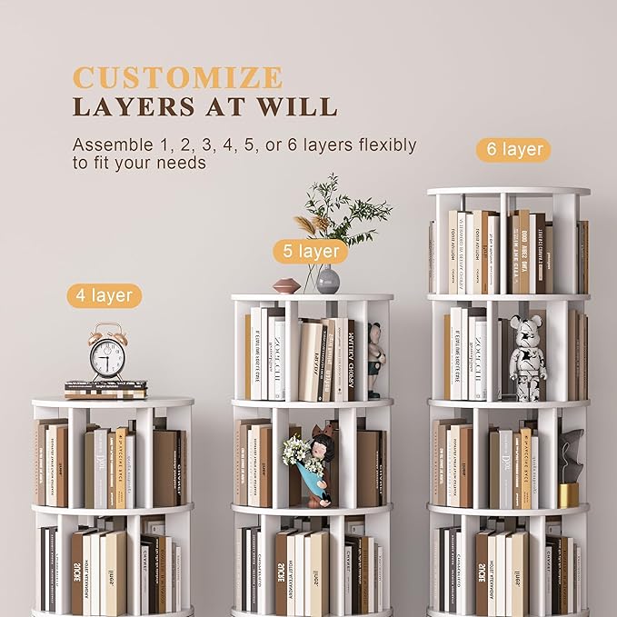 6 Tier Bookshelf Tower, 360° Solid Wood Spinning Bookcase - Image 6