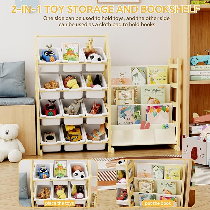 Wooden Toy Storage Organizer Kids Bookshelf, - Image 2