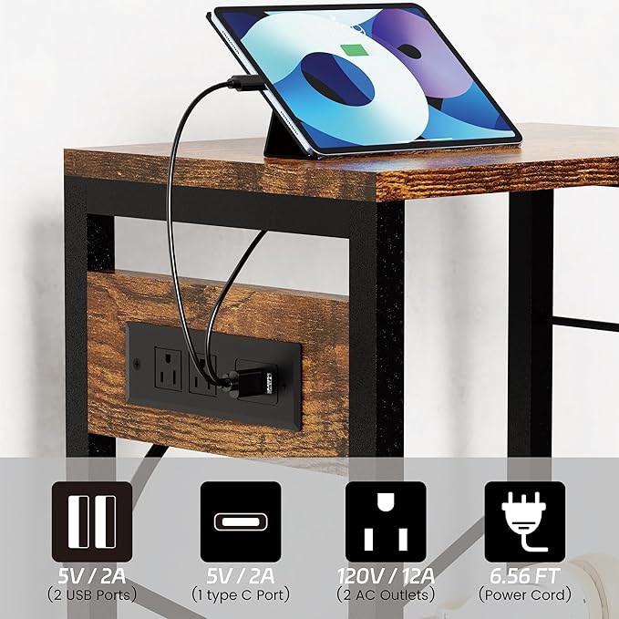 End Table with LED Light, Record Player Stand with Charging Station, Vinyl - Image 5
