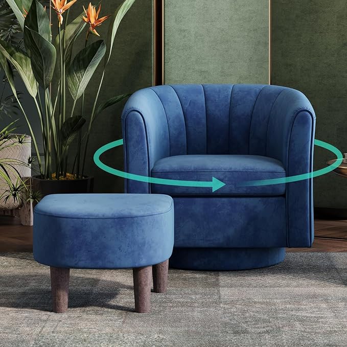 LINSY Swivel Accent Chair with Ottoman: Small Velvet Barrel Chair 360 Swivel - Image 8