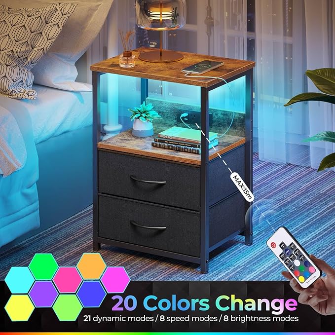 Seventable Nightstand with Charging Station, Bedside Table with LED Lights - Image 4
