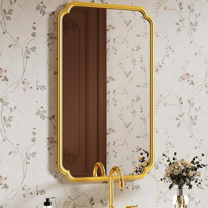 26"x40" Rustproof Bathroom Mirror Gold, Round Corner Metal Frame Wall Mirror by FerytangeHome