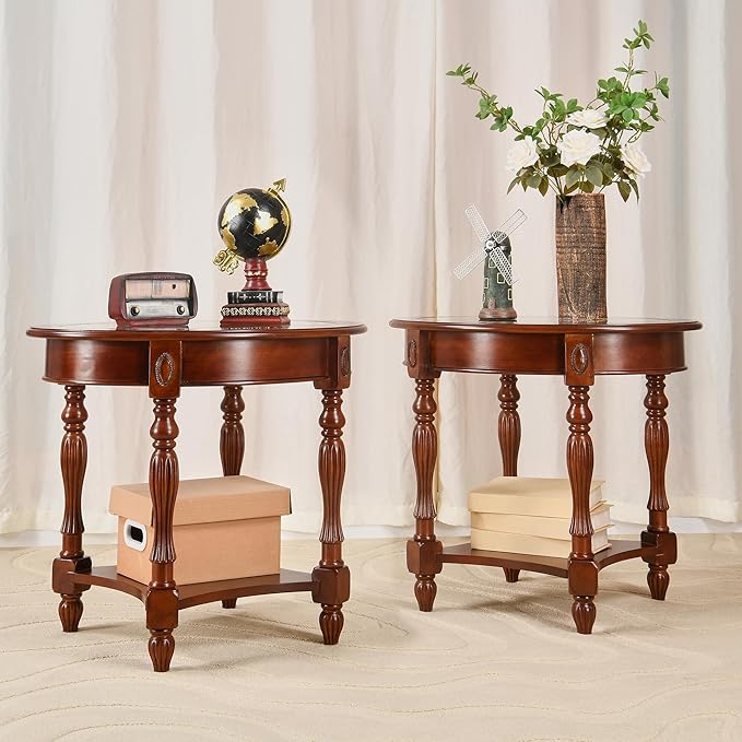 LEEMTORIG Oval Round Glass End Table, 2-Tier Solid Wood Glass Top End Side - Image 3