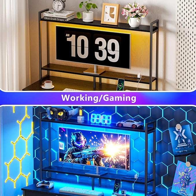 Computer Gaming Desk with Hutch, Home Office Desk with Power Outlets, LED Light - Image 7