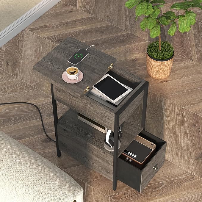 SOOWERY End Table with Charging Station, Narrow Side Table with Flip Top - Image 4