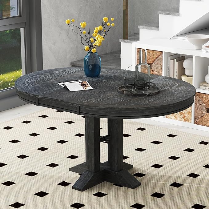 Need Extendable Farmhouse Round Dining Table, 48-60 Inch Pedestal Base Kitchen by Need
