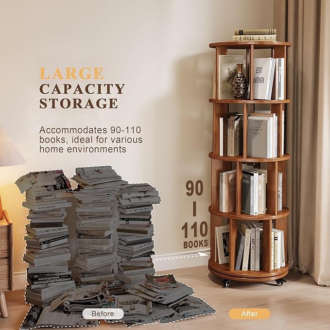 4-Tier Rotating Bookshelf, 360° Spinning Stackable Bookcase, Freestanding - Image 3